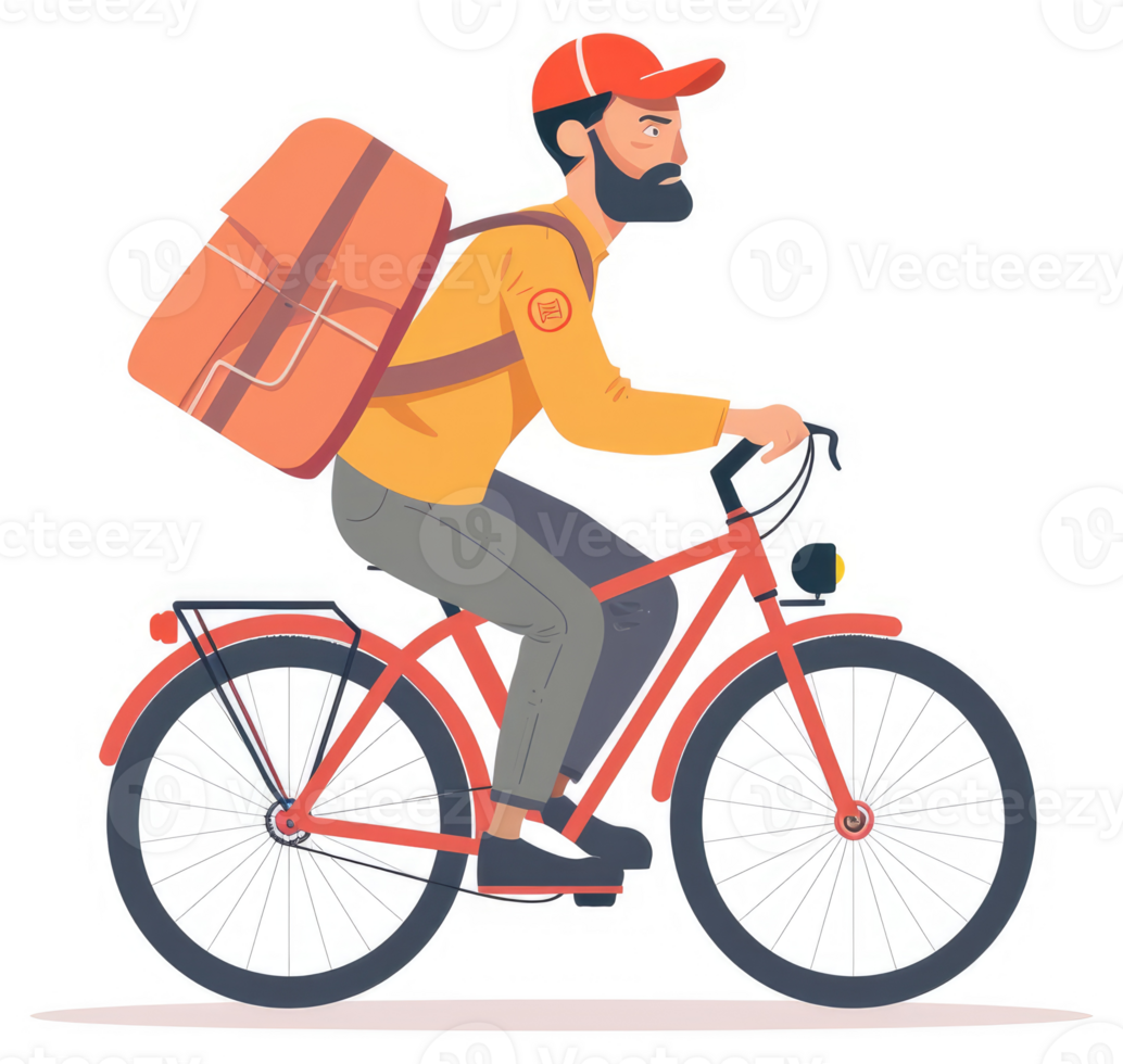A delivery person on a bicycle with a large orange bag. png