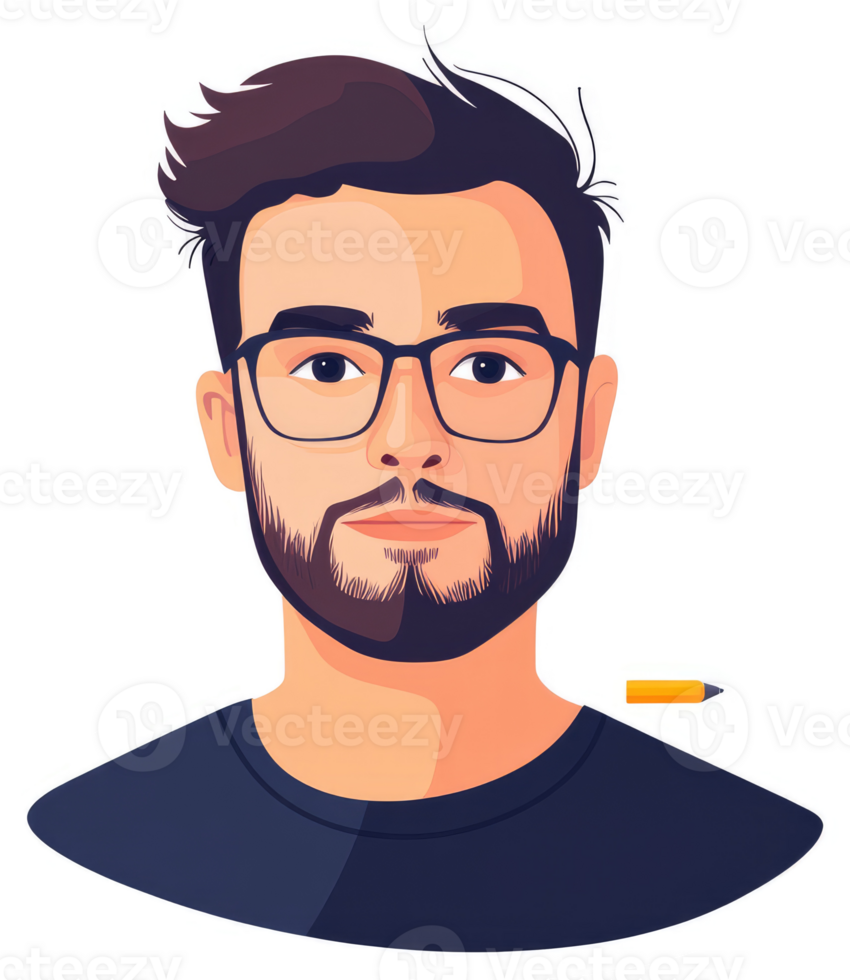 A stylized illustration of a man with glasses, a beard, and a dark t-shirt. png