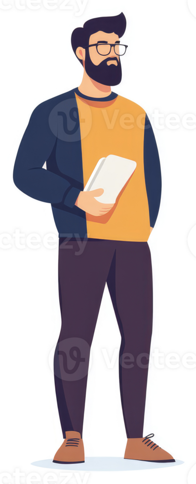 A casual man with a beard and glasses, holding a book. png