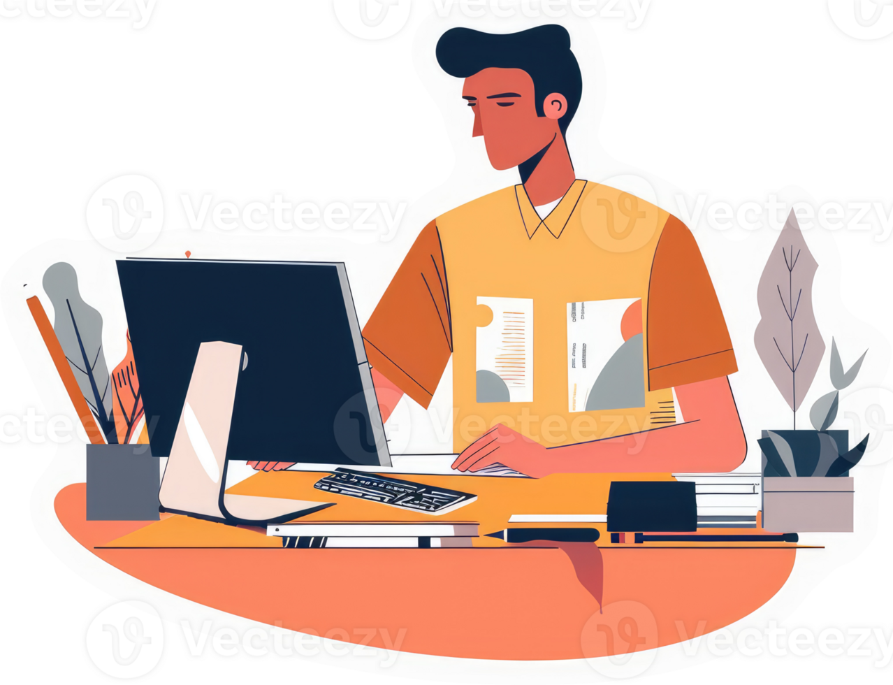 A person working at a computer desk, focused on their task. png