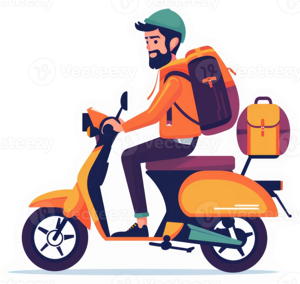 A man on a scooter with large backpacks, ready for delivery. png
