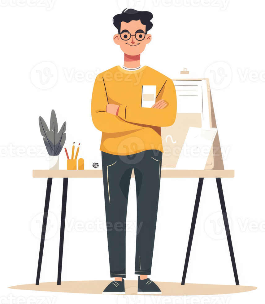 A confident young man in a yellow sweater stands at a desk, ready for a presentation. png