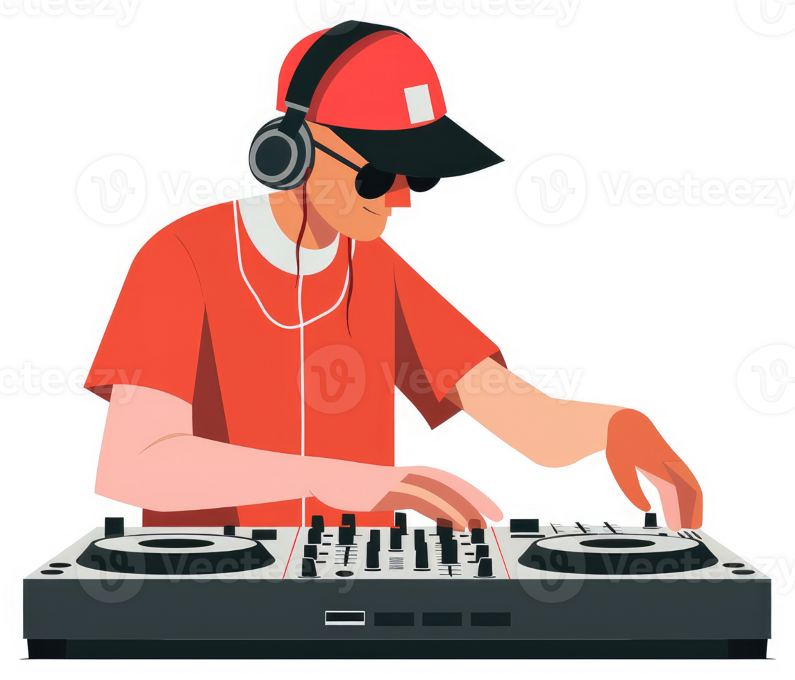 A dj in a red shirt operating a professional audio mixing console. png
