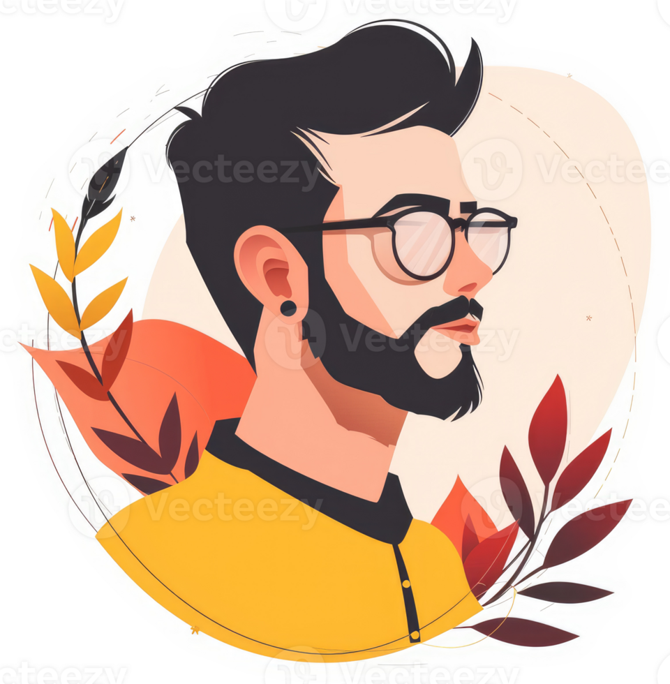A stylized illustration of a man with a beard, glasses, and autumnal foliage. png