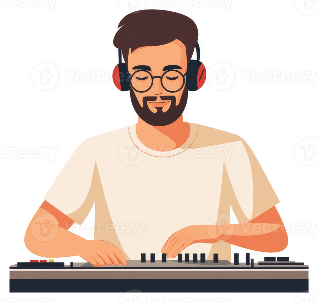 A man in headphones playing a music synthesizer. png
