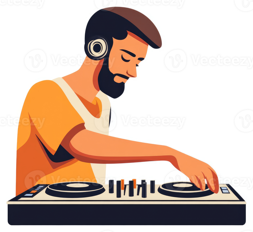 A dj with headphones and a beard mixing music on a dj mixer. png