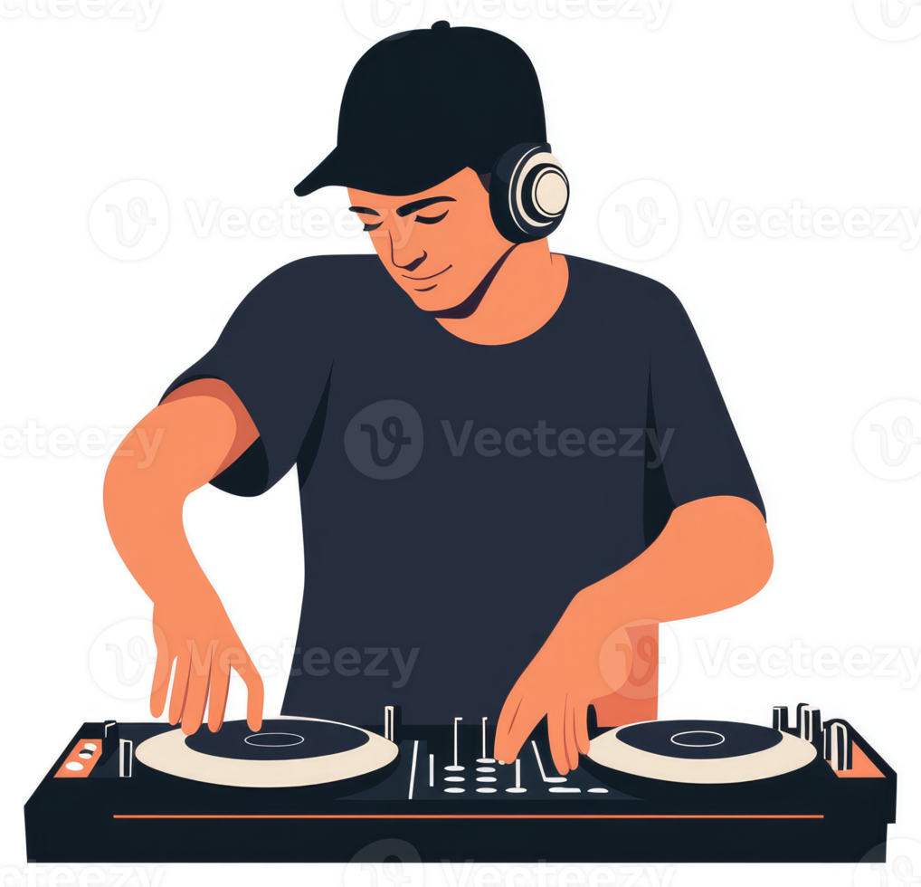 A focused dj operating a professional sound mixing console. png