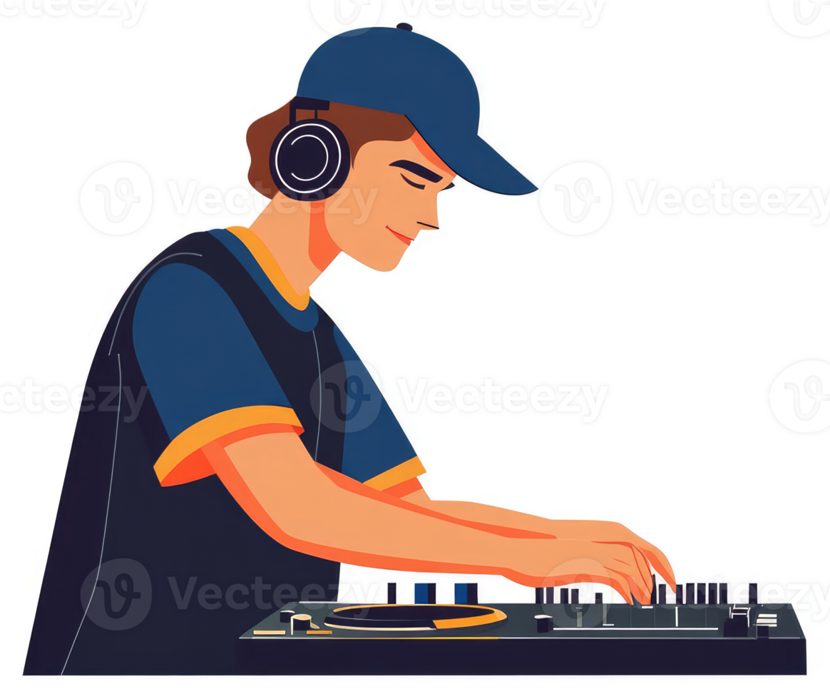 A stylish dj concentrating on mixing music. png