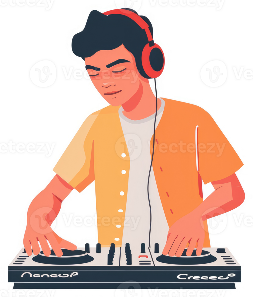A young person operating a dj mixer with headphones on. png