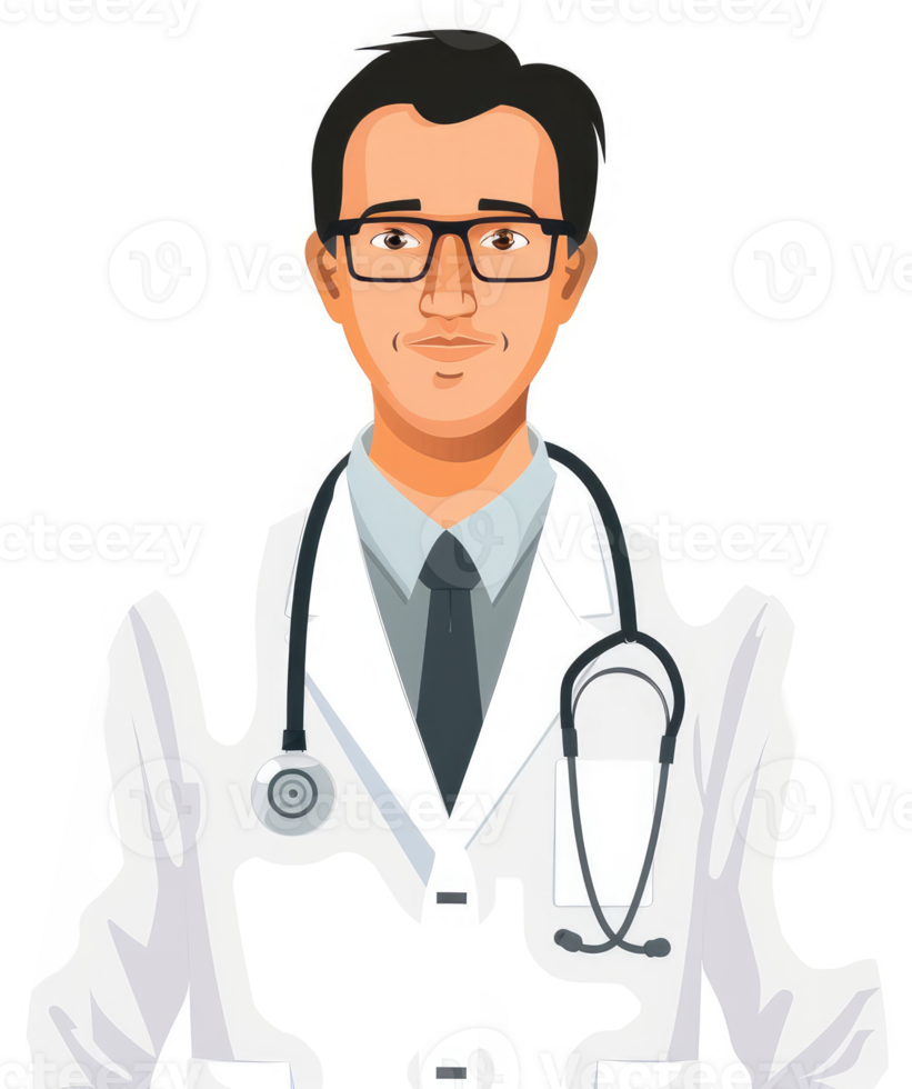 A friendly doctor in a white coat, wearing glasses, and a stethoscope. png