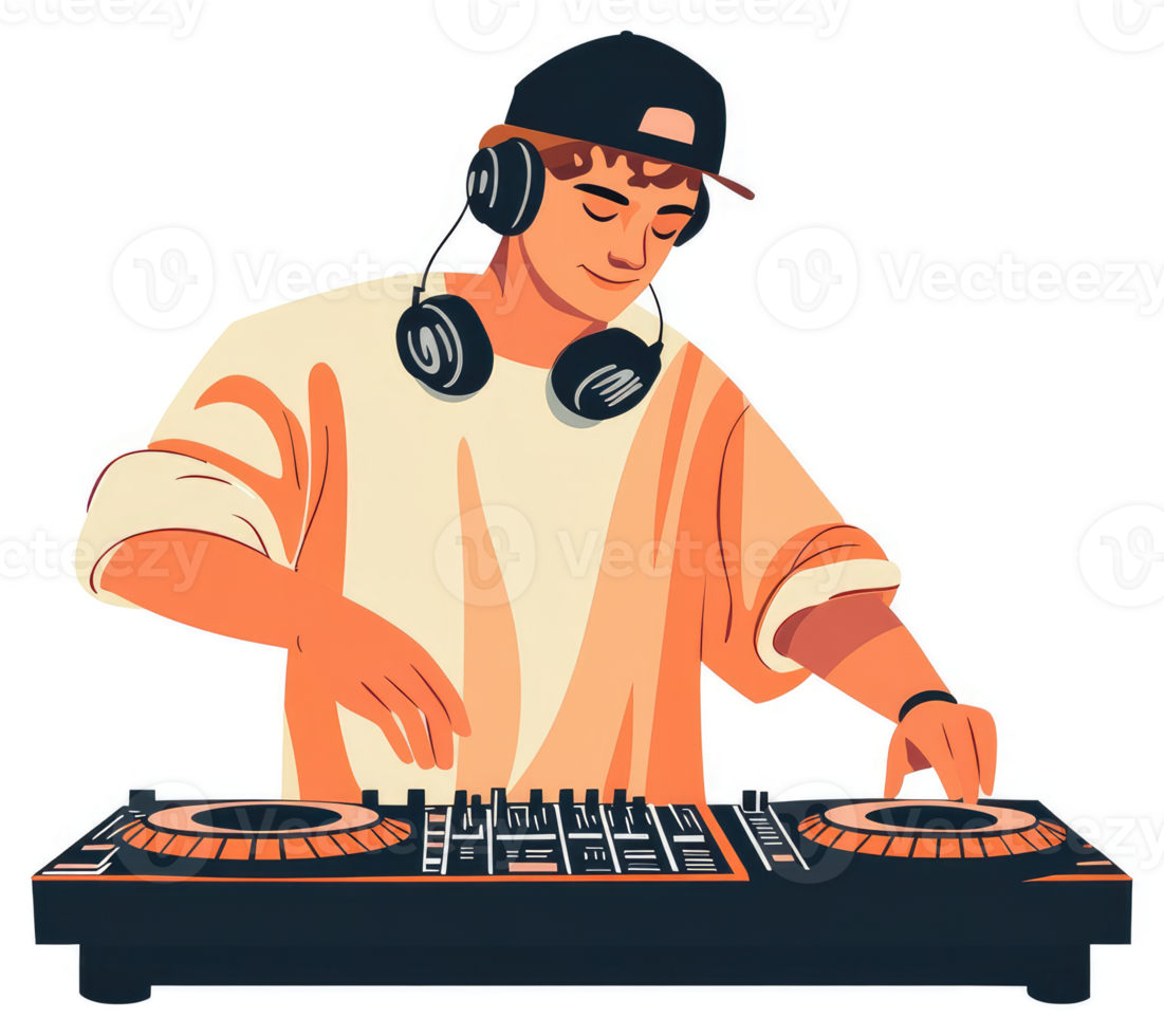A young dj is focused on mixing music on a dj setup. png