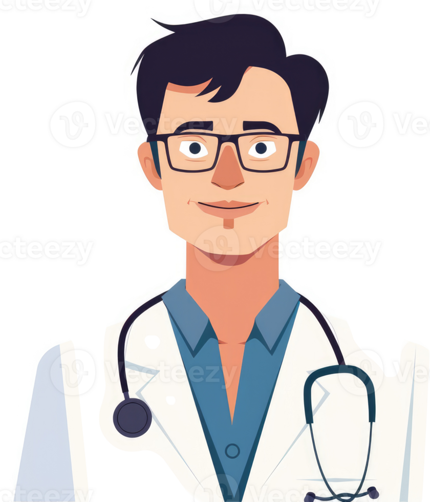 A friendly doctor in a white coat, wearing glasses. png