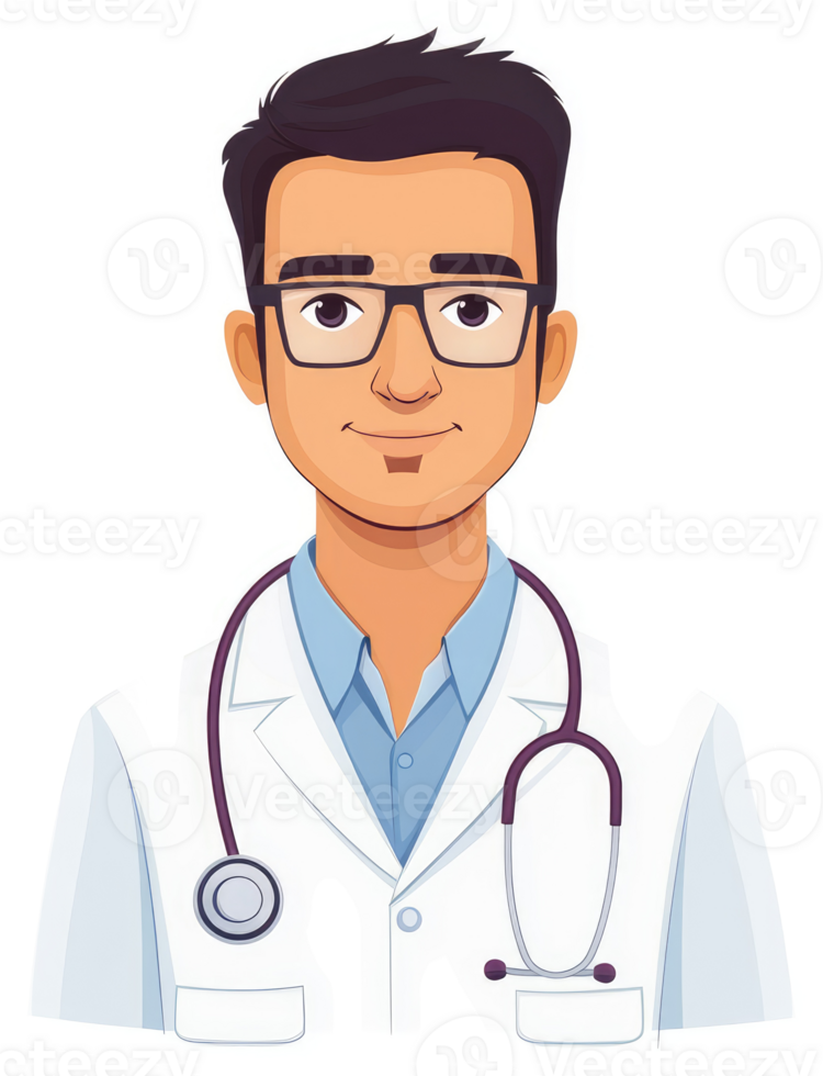A friendly male doctor in a white coat and glasses. png
