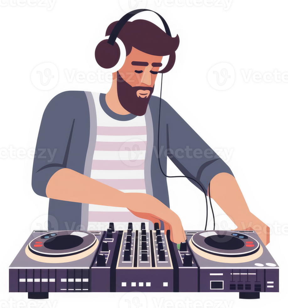 A man with headphones mixing music on a dj console. png