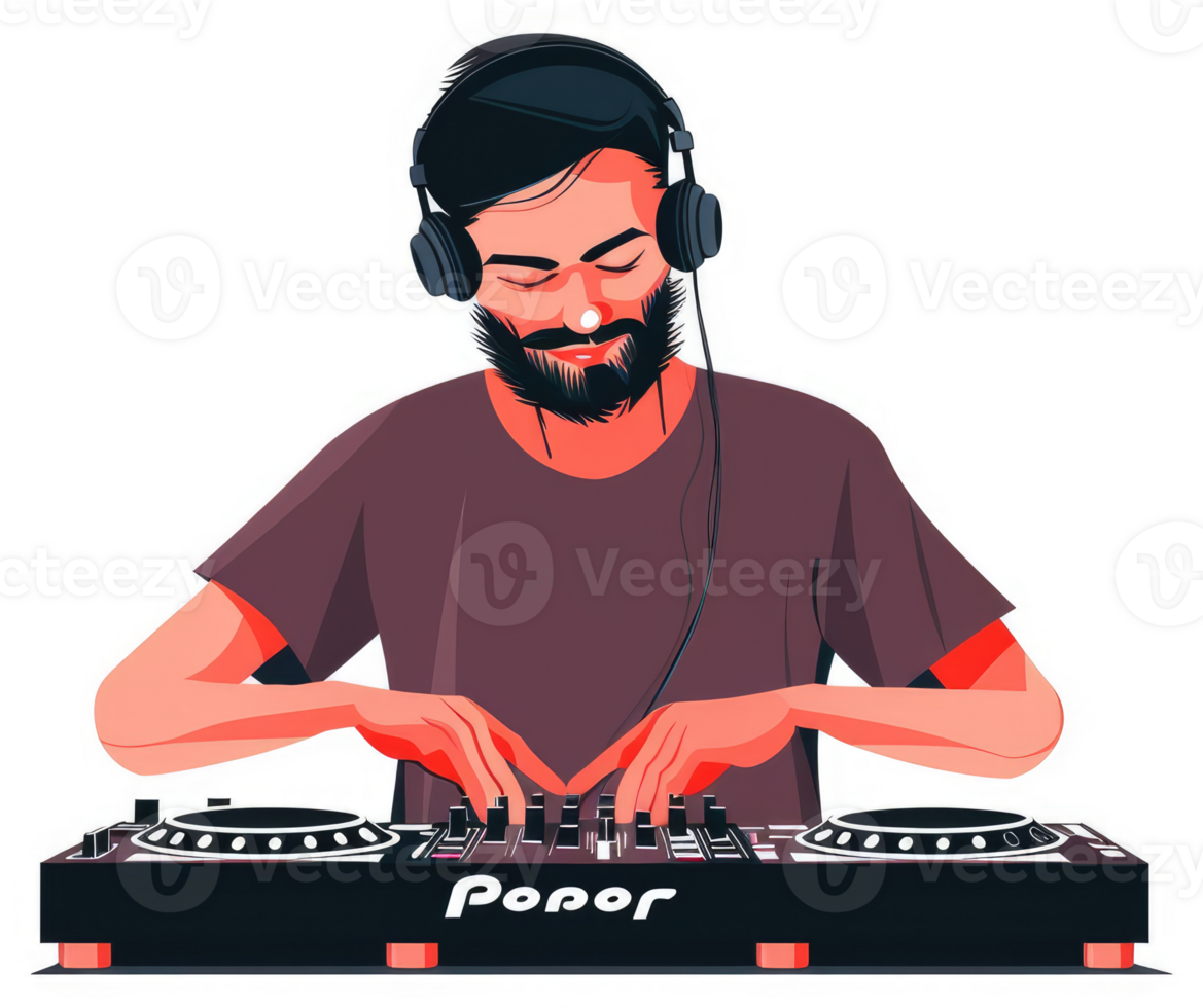 A focused dj with headphones mixing music on a dj setup. png