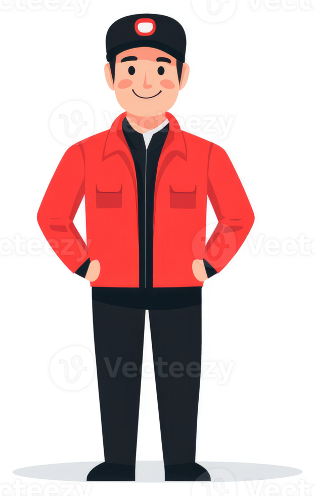 A friendly worker in a vibrant red uniform. png