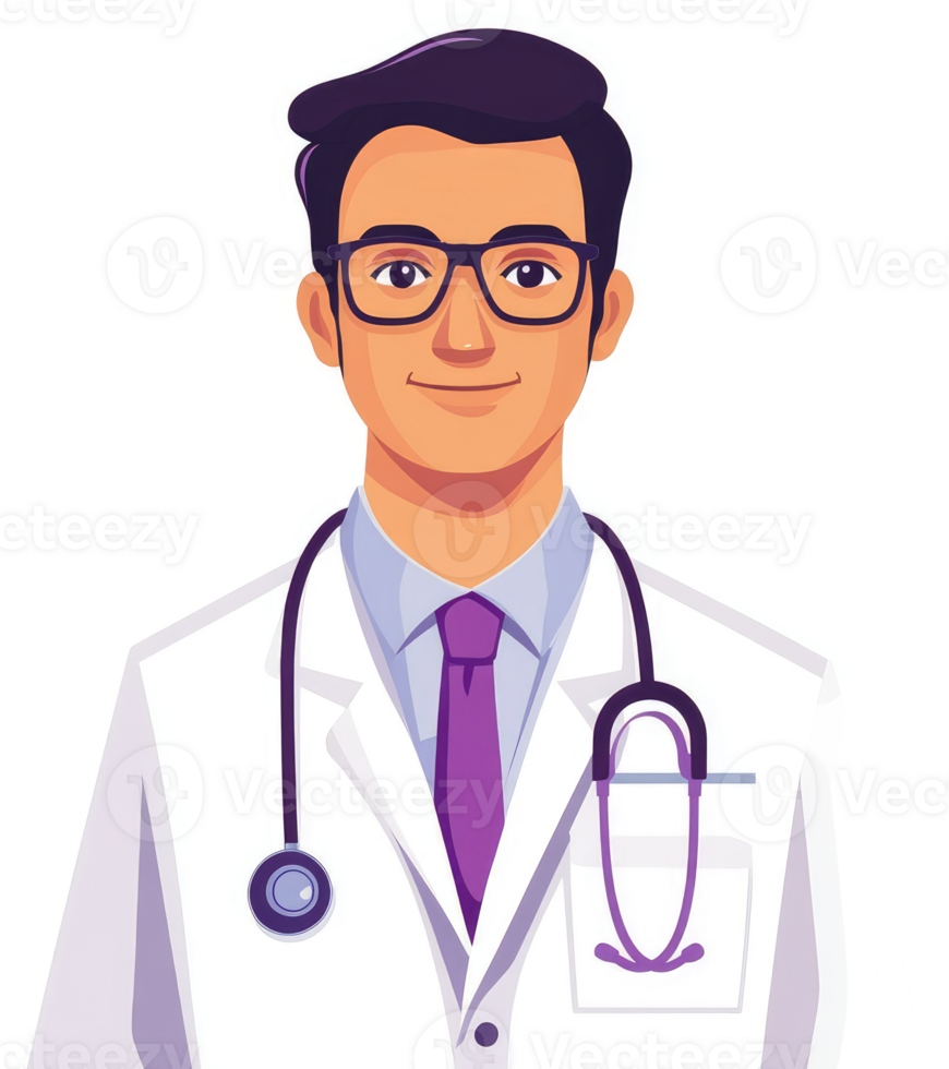 A friendly medical professional wearing a white coat and purple tie. png