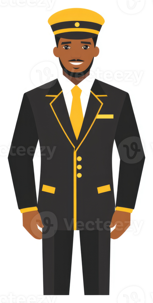 A smiling african american man in a formal black uniform with gold accents. png