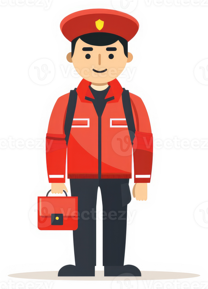 A friendly character in red uniform holding a satchel. png