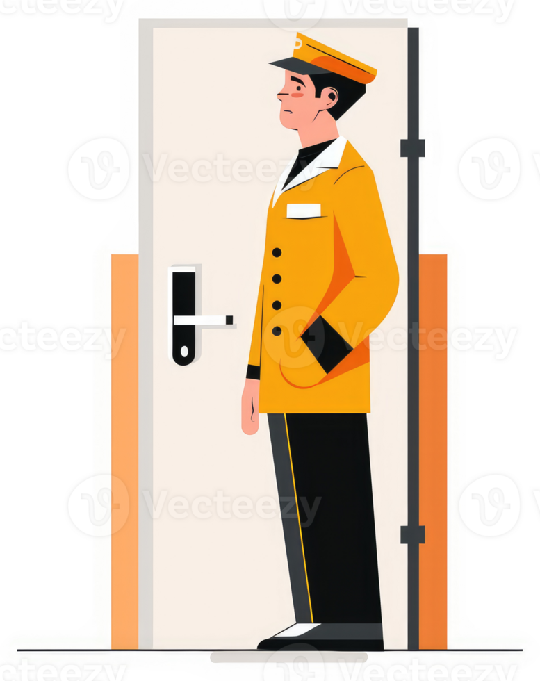 A uniformed security guard standing by a door. png