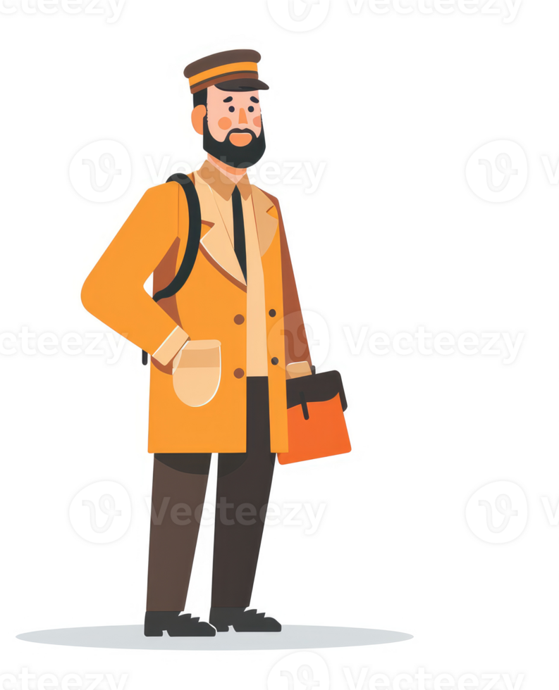 A man in an orange coat, holding a small orange bag, and wearing a cap. png