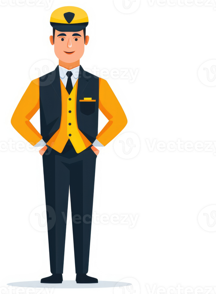 A smiling attendant in a formal yellow and black uniform. png