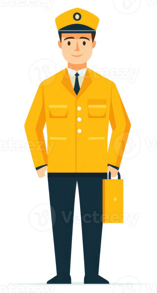 A smiling person in a yellow uniform carrying a bag. png