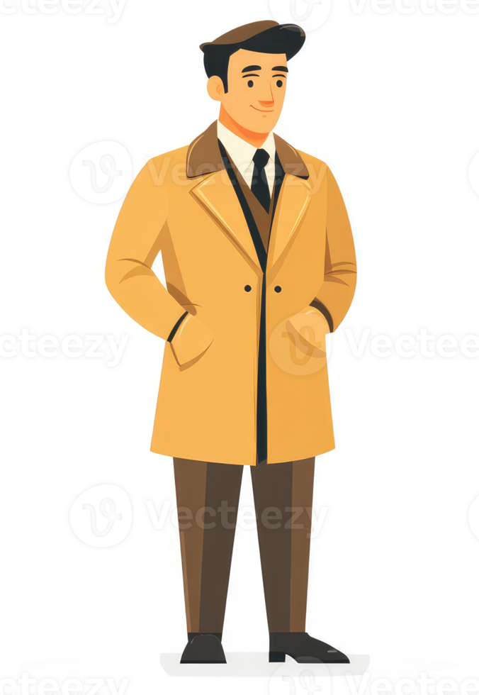 A stylish man in a mustard yellow trench coat. png