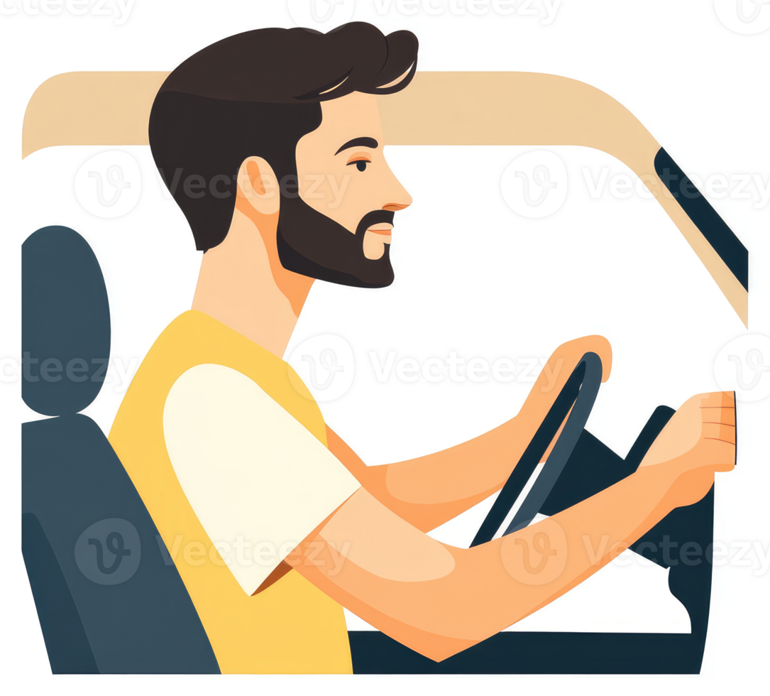 A man with a beard driving a vehicle in profile view. png
