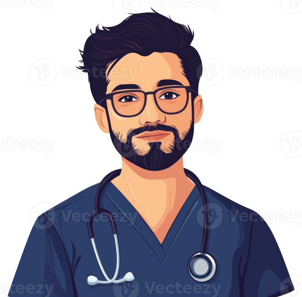 A friendly medical professional in a navy scrubs top with a stethoscope. png
