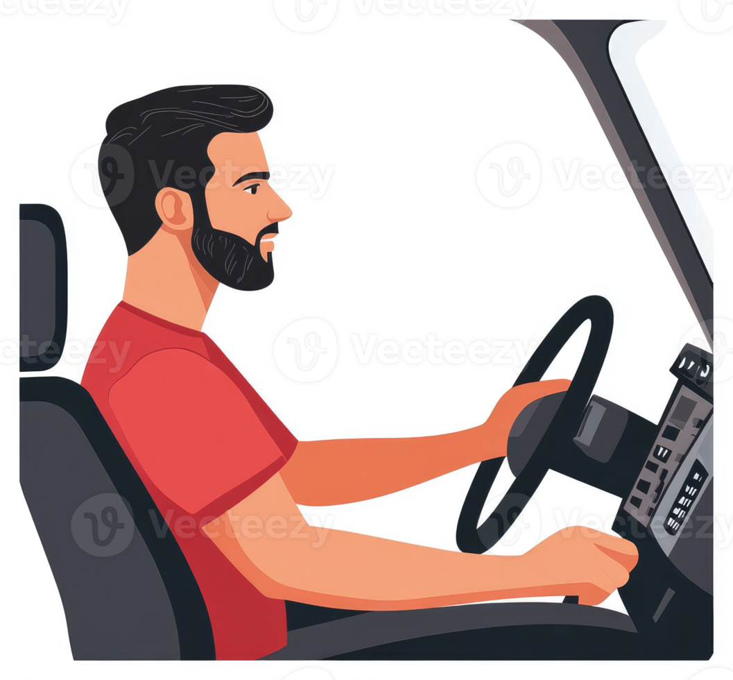 A man driving a vehicle in profile view. png