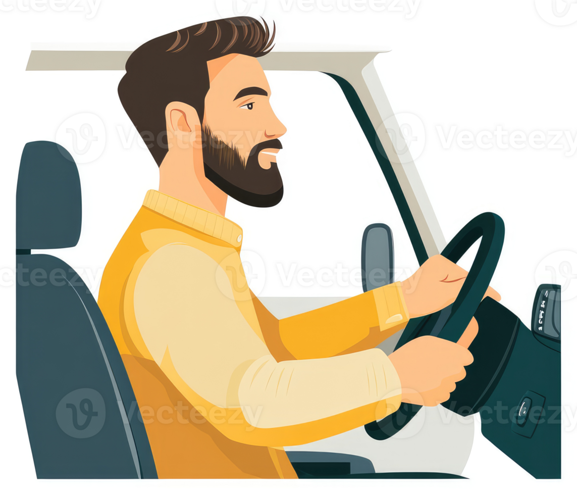 A man with a beard driving a car in profile view. png