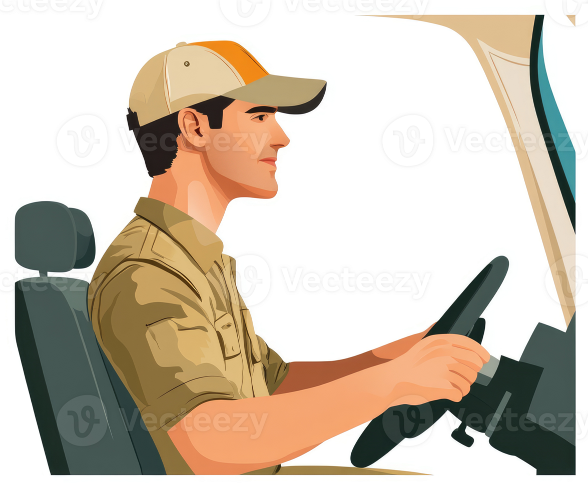 A man in a beige shirt and cap sits in a vehicle, positioned for driving. png