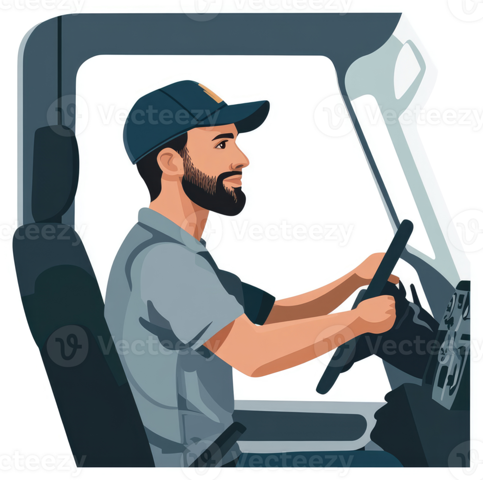 A bearded man in a truck cab, driving a vehicle. png