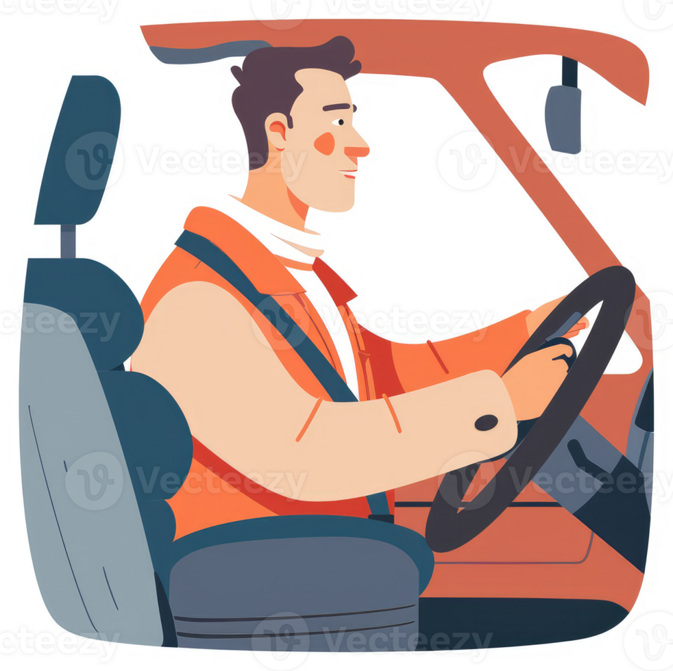 A man in an orange jacket driving a car. png
