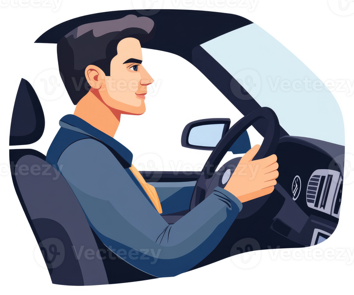 A man driving a car in a side profile view. png