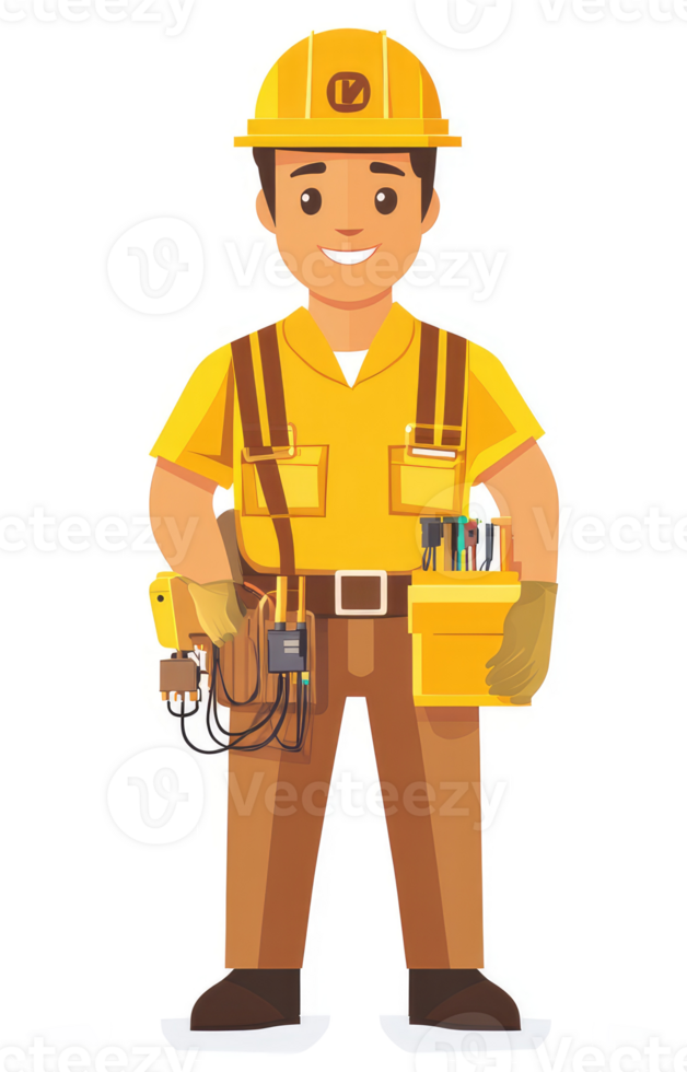 A smiling electrician in bright yellow uniform carrying tools. png