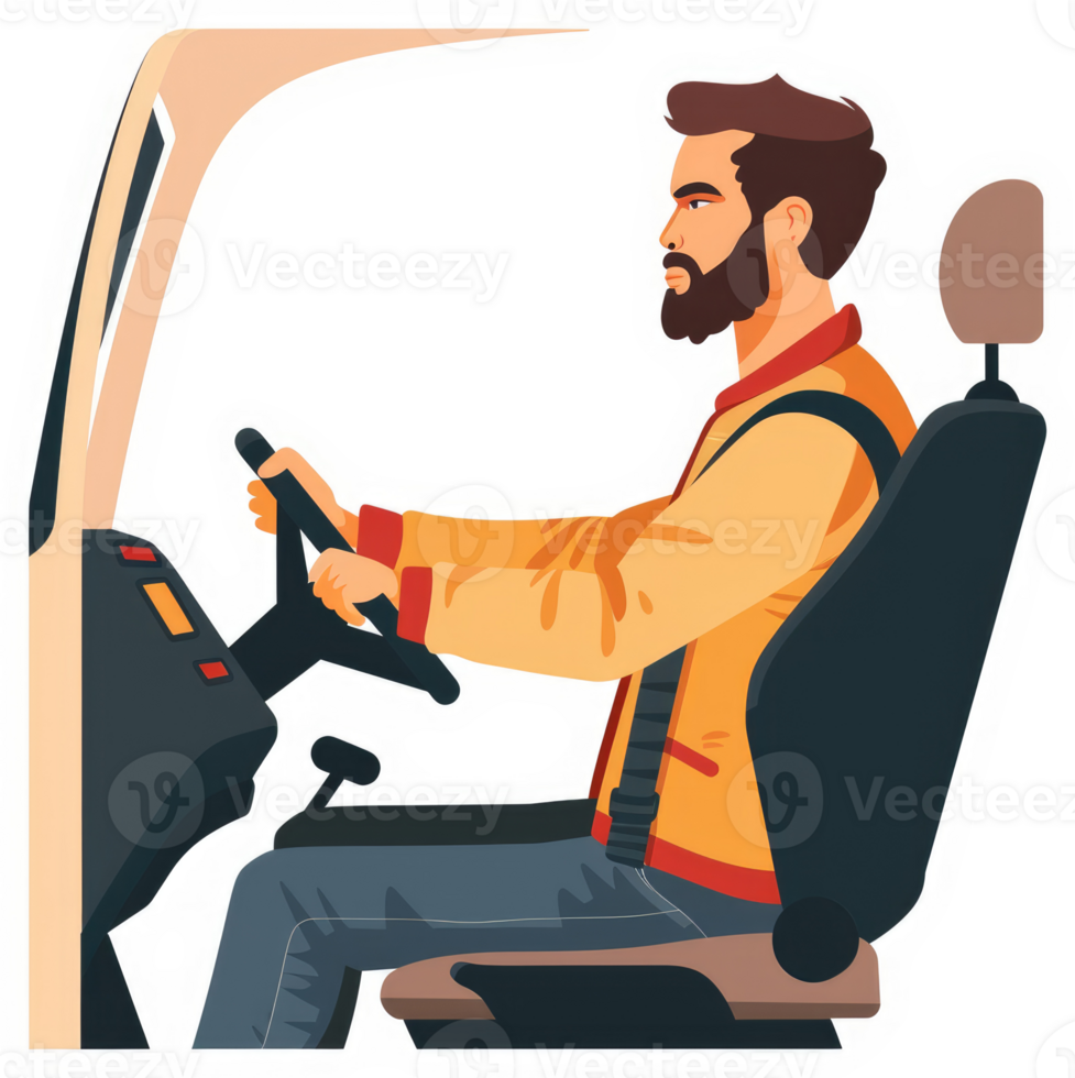 A male driver seated behind the wheel of a vehicle. png