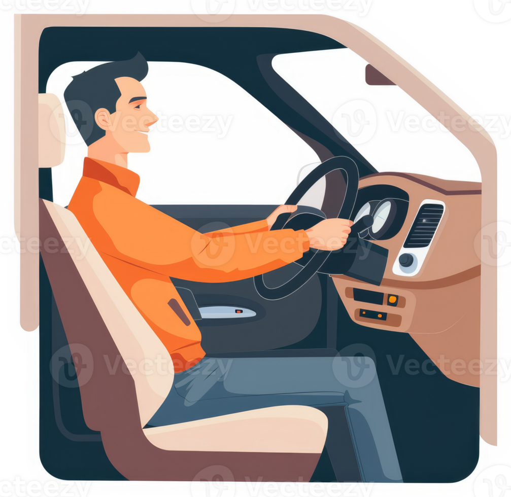 A man driving a car in a cheerful, side-view illustration. png