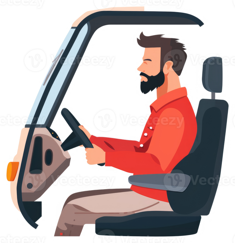 A man with a beard driving a small vehicle. png