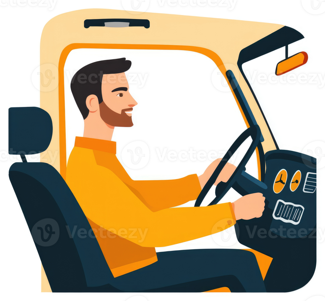 A man driving a vintage-style vehicle. png