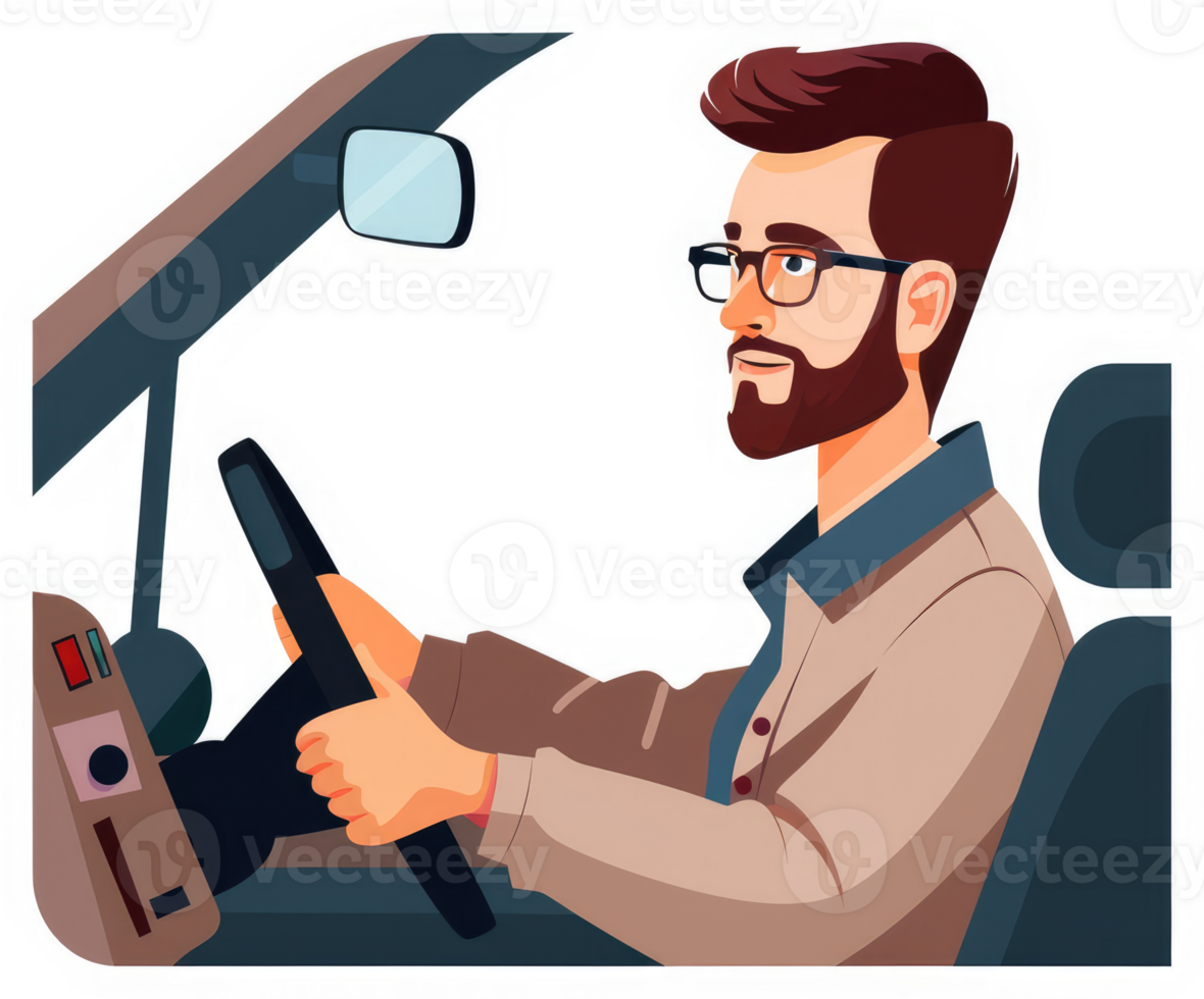 A cartoon illustration of a man driving a car. png