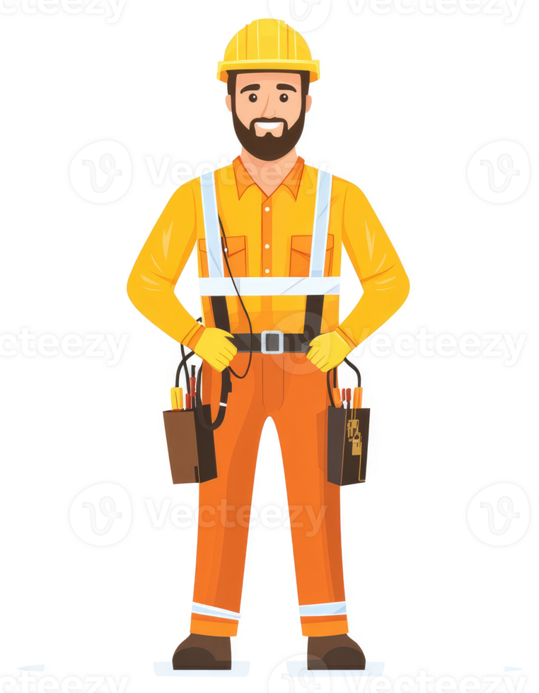A confident electrician in bright orange safety gear, equipped with tools and ready for work. png
