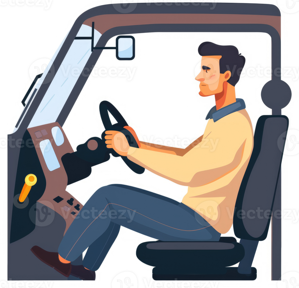 A man seated in a vehicle, properly positioned for driving. png