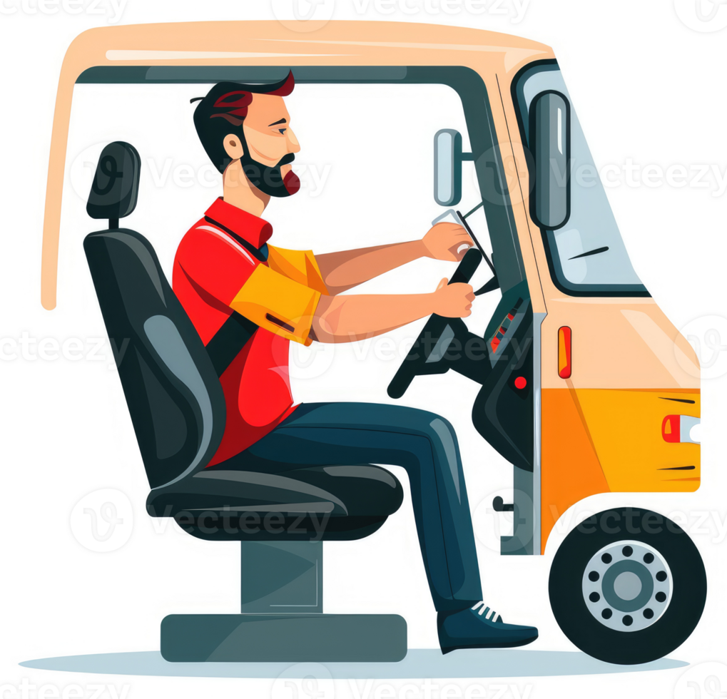 A man drives a small light-colored vehicle. png