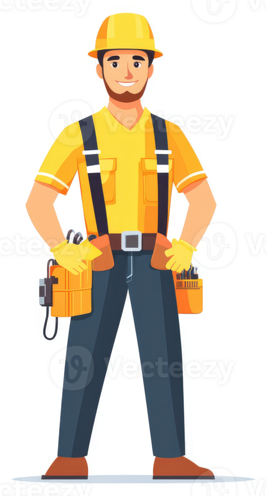 A cheerful worker in yellow uniform carrying tools. png
