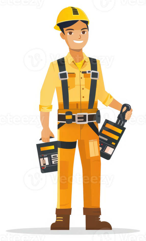 A smiling worker in safety gear holds tools and paperwork. png