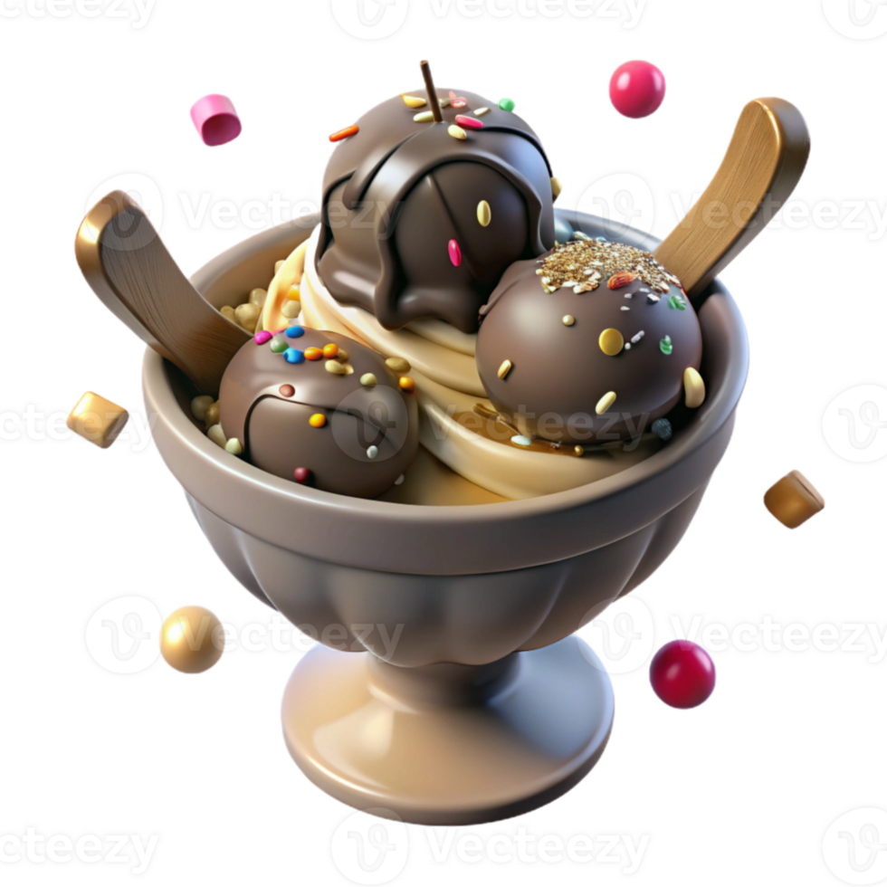 dramatic classic Bowl of Ice Cream with Chocolate Sauce Transparent Background png