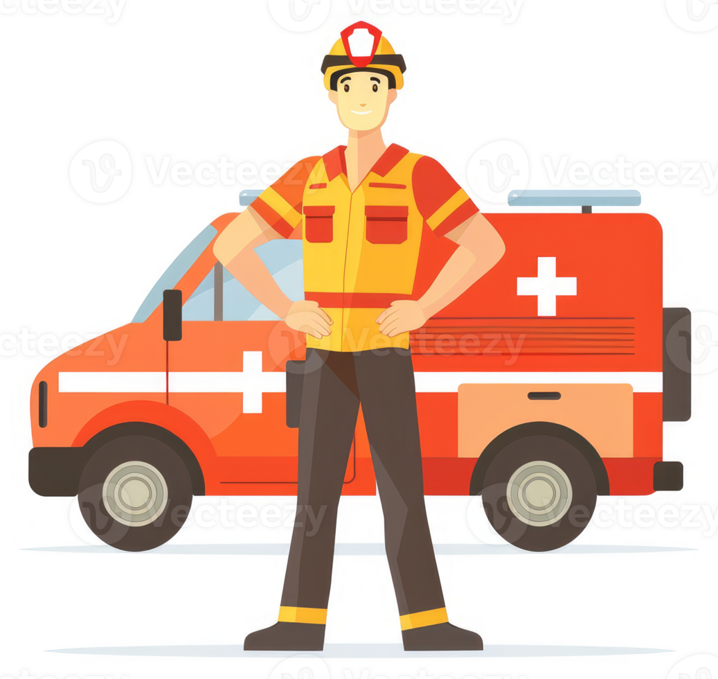 A paramedic stands guard beside a red ambulance. png