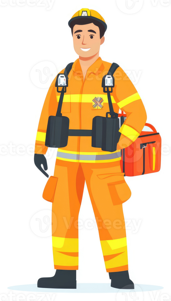 A smiling paramedic in protective orange gear, ready for action. png